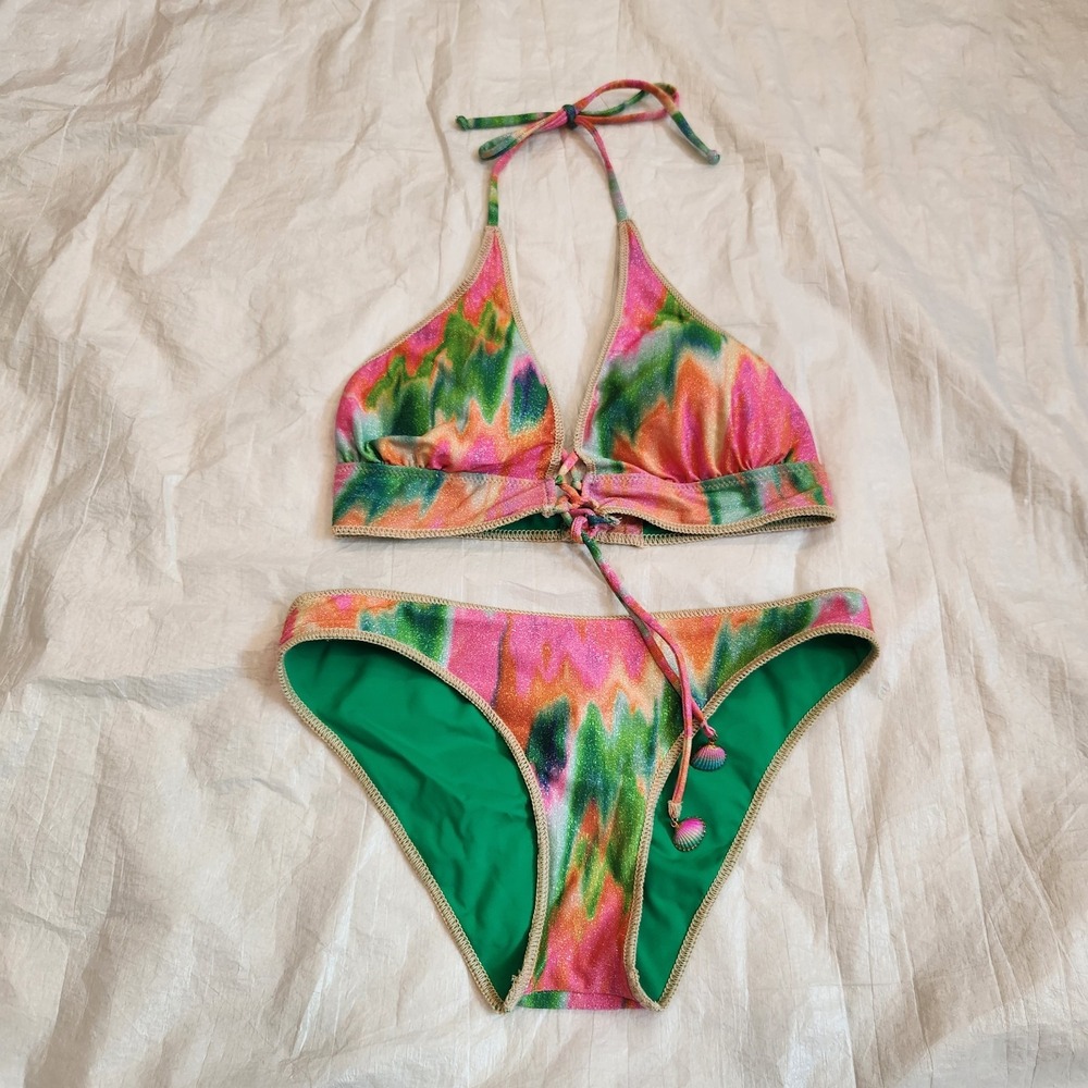 New BECCA Virtue Reversible Bikini Set Metallic Abstract Pink Green D Cup Medium